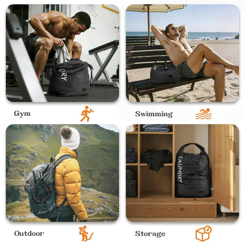 Travel Laundry Organizer Bag in gym, beach, outdoor hiking, and home storage settings, showcasing versatility and space-saving design.