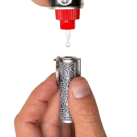 Refilling Relightable Permanent Fire Starter Metal Kit 2 Pack, Waterproof Emergency Keychain Lighter with fuel drop.