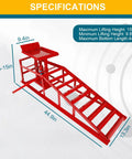 Red Hydraulic Car Ramps 5 Ton Heavy Duty Steel Car Lift Ramps With Hydraulic Jack, specifications shown