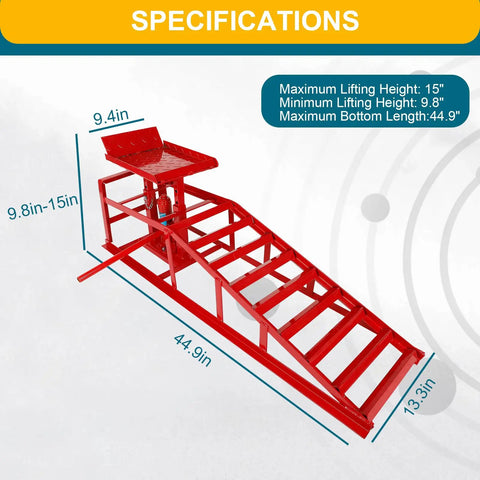 Red Hydraulic Car Ramps 5 Ton Heavy Duty Steel Car Lift Ramps With Hydraulic Jack, specifications shown