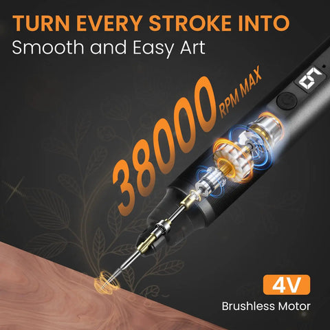 Badass Brushless Engraving Pen With 41 Heavy Duty Accessories For Metal Wood Glass And Plastic Usb C Rechargeable Cordless Carving Tool demonstrating 38000 RPM brushless motor.