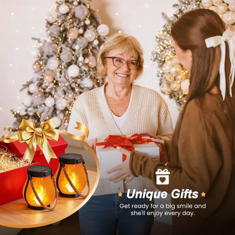 Gen2 Solar Lanterns Outdoor With Ultra Real Flame gift exchange by Christmas tree, showing product in festive setting.