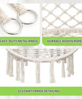 Close-up of heavy-duty metal rings, durable woven rope, and fringe detailing on Hanging Hammock Chair With Cozy Full Cushion For Indoor Outdoor Relaxation, White Macrame Swing Chair Supports Up To 350 Lbs, Extra Large Plush Pad, Ideal Accent Furniture For Living Room, Bedroom, Porch