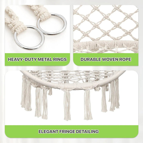 Close-up of heavy-duty metal rings, durable woven rope, and fringe detailing on Hanging Hammock Chair With Cozy Full Cushion For Indoor Outdoor Relaxation, White Macrame Swing Chair Supports Up To 350 Lbs, Extra Large Plush Pad, Ideal Accent Furniture For Living Room, Bedroom, Porch