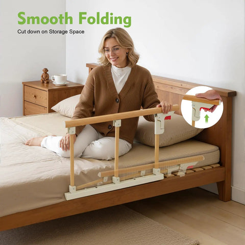Woman demonstrating Foldable Bed Assist Rail For Seniors With Adjustable Height No Tool Setup Non Slip Grab Bar on wooden bed