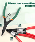 9 Inch Angle Tip Lock Ring Pliers With Hole For Transmission And Brakes Circlip Retaining Ring Pliers Flat Nose Black Oxide Finish Anti Slip PVC Grips Spring Loaded Jaw Workhorse Tool For Gear Shafts Bearings shown with different sizes