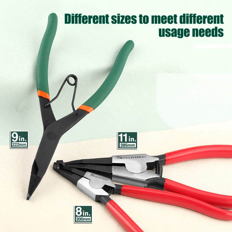 9 Inch Angle Tip Lock Ring Pliers With Hole For Transmission And Brakes Circlip Retaining Ring Pliers Flat Nose Black Oxide Finish Anti Slip PVC Grips Spring Loaded Jaw Workhorse Tool For Gear Shafts Bearings shown with different sizes