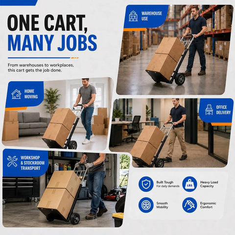 Person using Heavy Duty Folding Hand Truck Dolly With 8 Inch Puncture Resistant Tires 650 To 800 Lb Capacity Beefy Alloy Steel Frame