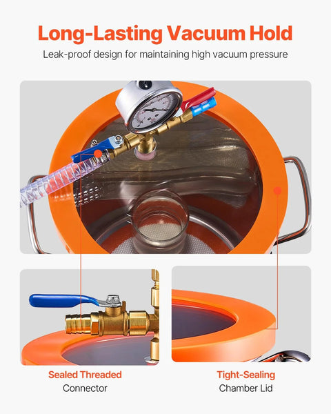 Vacuum chamber and pump kit, five-gallon, orange acrylic lid, stainless-steel chamber, gauge, hose