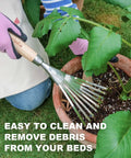 Using Hand Cultivator with 9-Teeth Rake for Tight Space Garden Beds Cultivating Soil Weeding Leaf Raking and Gravel Leveling