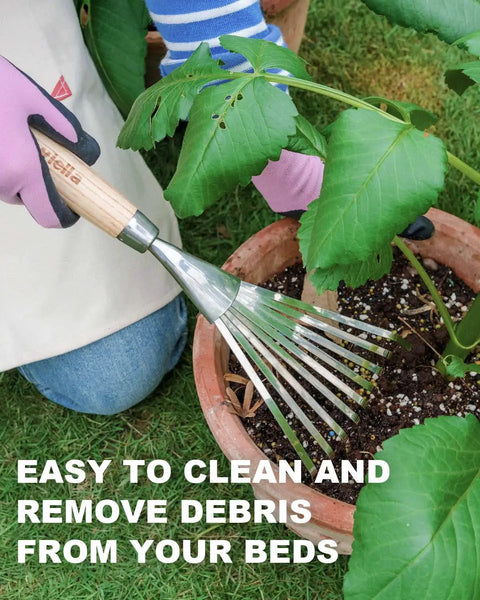 Using Hand Cultivator with 9-Teeth Rake for Tight Space Garden Beds Cultivating Soil Weeding Leaf Raking and Gravel Leveling