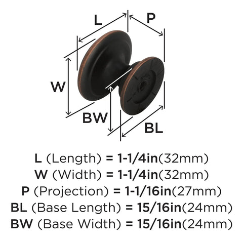 Diagram of Ravino Oil Rubbed Bronze Cabinet Knob, One And A Quarter Inch Diameter, dimensions labeled for length, width, projection.