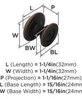 Illustration showing dimensions of Dope Oil Rubbed Bronze Cabinet Knob 1-1/4 Inch Diameter Ravino 25 Pack Traditional Drawer Knob Set