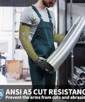 Worker wearing Core Arm Protection Sleeves S081 10 Pairs With Thumbhole, ANSI A5 Cut Resistant And Flame Resistant Welding Sleeves.