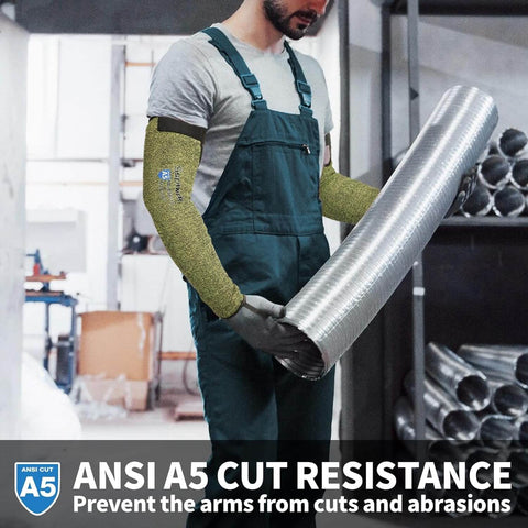 Worker wearing Core Arm Protection Sleeves S081 10 Pairs With Thumbhole, ANSI A5 Cut Resistant And Flame Resistant Welding Sleeves.
