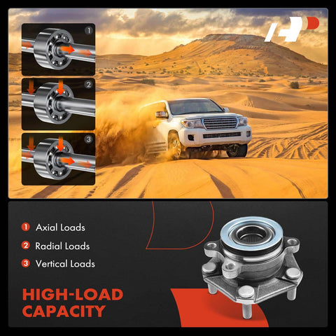 High load capacity wheel bearing and hub assembly demonstrating axial, radial, and vertical load capacities in a desert setting