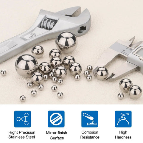 Kickass Heavy Duty 10 Piece 12mm 440C Stainless Steel G10 Precision Bearing Balls with wrench and calipers for measurement.