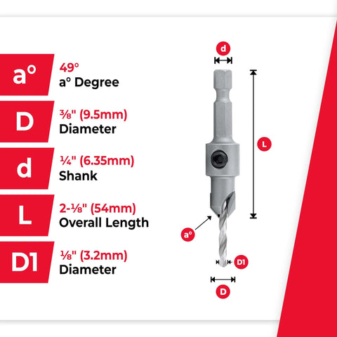 Carbide Tipped Countersink Drill Bit With 82 Degree Countersink, Three Eighths Inch Diameter, One Quarter Inch Quick Release Hex Shank diagram