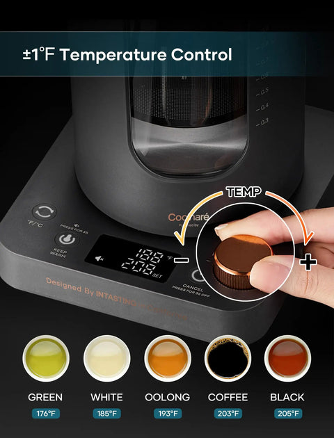 Electric Tea Kettle With Tea Infuser, One Degree Fahrenheit Precision, dark gray finish temperature control knob close-up
