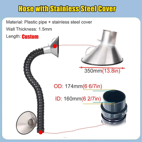 Tough As Nails Fume Extraction Arm For Soldering And Welding With An Eight Foot Flexible Vent Hose And Hood, featuring stainless steel cover.