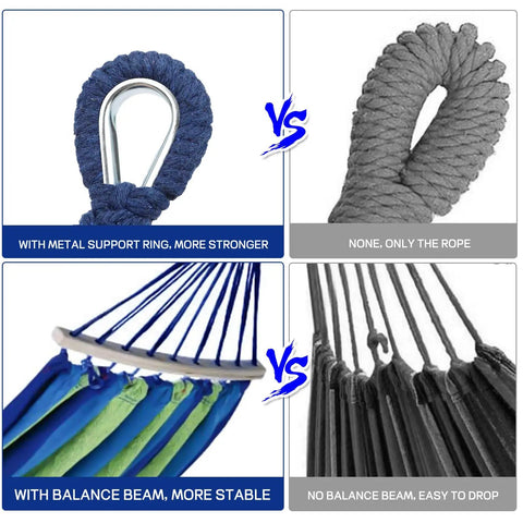 Comparison of Beefy Heavy Duty Two Person Camping Hammock With 660 Lb Capacity features, metal support ring vs rope, and balance beam.