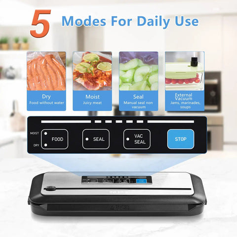 PowerVac Vacuum Sealer With Starter Kit Auto Air Sealing For Dry And Moist Modes Built In Cutter Easy Clean
