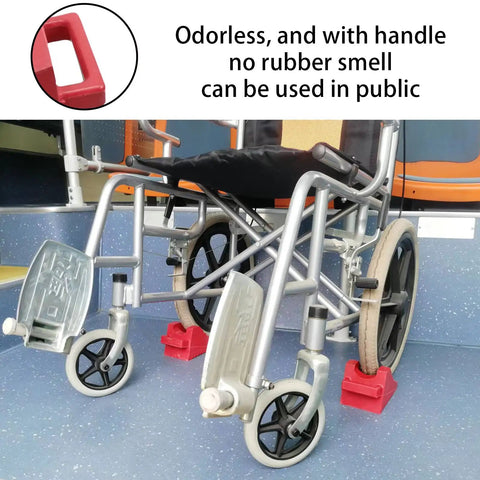 Two Pack Rubber Wheelchair Chocks With Handle For Stable Seating And Slip Proof Easy Grip Wheel Stopper in use under wheelchair