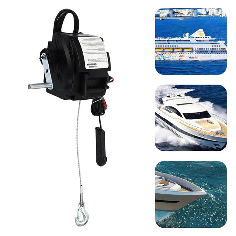 Heavy Duty 2000 Lbs Portable Electric Winch With Hand Crank For Cars And Trailers, 12V DC Marine Boat Trailer Gear Puller Tackle.