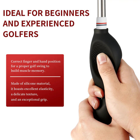 Silicone Full Coverage Golf Swing Grip Trainer for Right Handed Golfers being held in a hand, showing grip posture correction.
