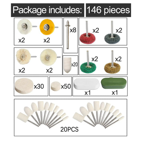 146 Piece Rotary Tool Buffing And Polishing Kit With Pro Grade Abrasive Wheels, Wool Felt Pads, And Detailed Polishing Heads Set