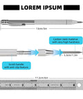 Tough As Nails Tungsten Carbide Scribe Pen With Knurled Aluminum Handle And Built In Magnet For Precise Layout Marking Provides Forty Five Degree Angled Tip Includes Twenty Spare Carbide Nibs For Metal Wood Glass Plastic, shown with a scale for size reference.