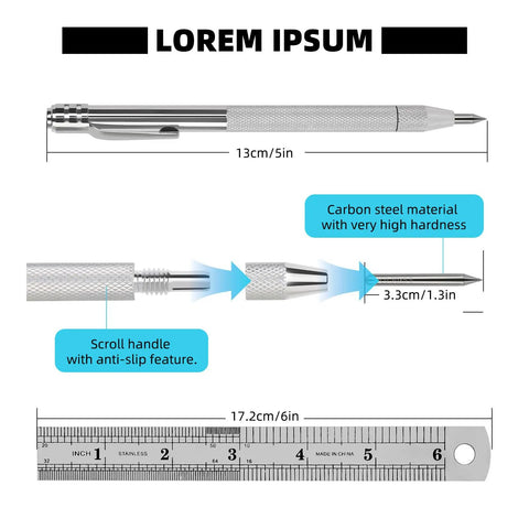 Tough As Nails Tungsten Carbide Scribe Pen With Knurled Aluminum Handle And Built In Magnet For Precise Layout Marking Provides Forty Five Degree Angled Tip Includes Twenty Spare Carbide Nibs For Metal Wood Glass Plastic, shown with a scale for size reference.