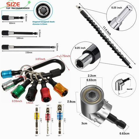 Detailed view of Pro Grade 31 Piece Flexible Drill Bit Extension Kit With 105 Degree Right Angle Attachments, various sizes and components.