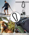 1.57 Inch Heavy Duty Carabiner Clip Hook Set Of 10 Black Spring Snap Hooks Keychain displayed in various uses such as backpack, tool bag, and dog leash.