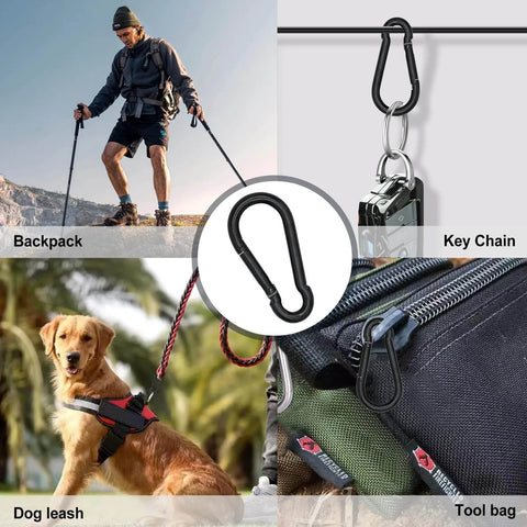 1.57 Inch Heavy Duty Carabiner Clip Hook Set Of 10 Black Spring Snap Hooks Keychain displayed in various uses such as backpack, tool bag, and dog leash.