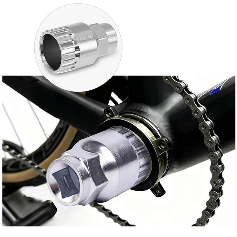 Crank Extractor Tool Set For Bikes With 16mm Spanner And 20 Tooth Bottom Bracket Remover in use on a bike crank.