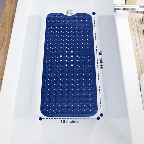 Extra Long Non Slip Bath Mat 39 X 16 Inch Machine Washable Shower Rug With Heavy Suction Cups And Fast Drain Holes Navy Blue in tub.