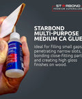 Top Shelf Medium CA Super Glue Refill Kit With 16 Oz Bulk Jug Extra Craft Bottles Precision Micro Tips And Smooth Flow Spout For Woodworking showing glue being applied.