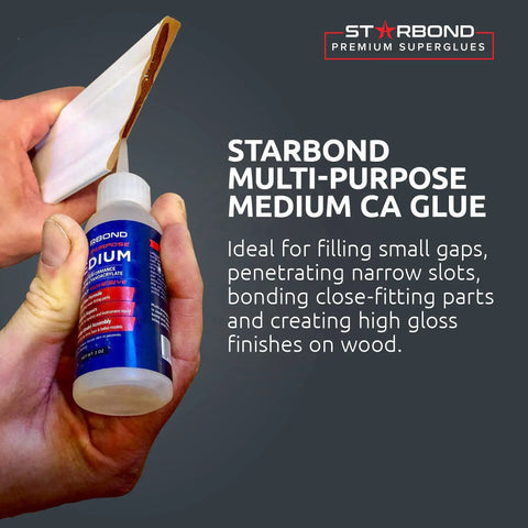 Top Shelf Medium CA Super Glue Refill Kit With 16 Oz Bulk Jug Extra Craft Bottles Precision Micro Tips And Smooth Flow Spout For Woodworking showing glue being applied.