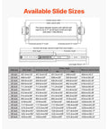 Available slide sizes chart for Beefy 60 Inch Heavy Duty Drawer Slides With Locking Full Extension Side Mount Ball Bearing Rails.