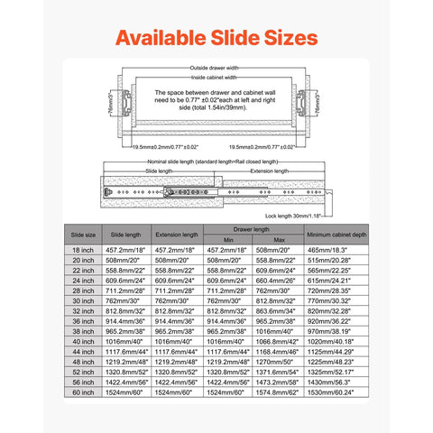 Available slide sizes chart for Beefy 60 Inch Heavy Duty Drawer Slides With Locking Full Extension Side Mount Ball Bearing Rails.