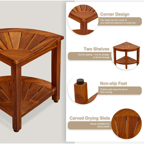 Teak Corner Shower Bench 18 Inch With Storage Shelf For Inside Shower Waterproof Teak Bath Chair Non Slip Drainage Shower Seat Durable Bathroom Spa Bench Assembly Required, featuring corner design and two shelves.