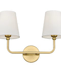 Gold Finish 2 Light Vanity Light Fixtures With Flared White Fabric Shade Modern Wall Sconces For Hallway Living Room Kitchen Bedroom Stairway Cozy Vibe Warm Ambience Easy Install VL837 GD
