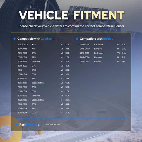 Vehicle compatibility chart for Heavy Duty Ambient Air Temperature Sensor Straight Shot Knockout Fit No Sweat Swap Drop Dead Reliable For Chevy Silverado Camaro Colorado Equinox Suburban Replaces Ax355.