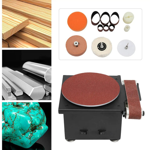 Mini Belt And Disc Sander, 100 Watt Bench Grinder Packing A Lightning Fast 4250 To 8500rpm Motor with various abrasive attachments.