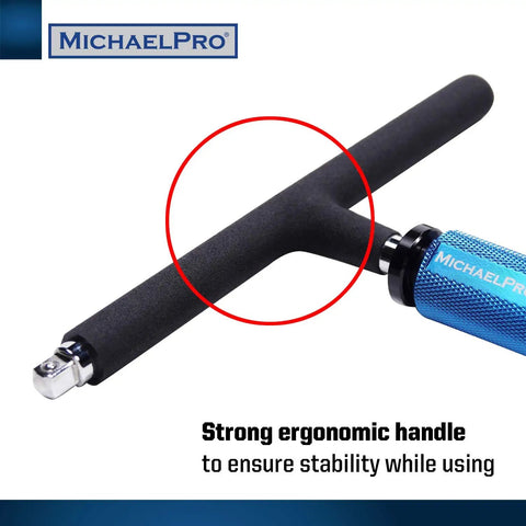 Close-up of ergonomic handle on Forty Piece Three Eighths Inch Drive Two Way Quick Swivel T Handle Wrench Set With Sockets Hex Bits Adapters