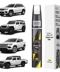 Bright White Jeep Touch Up Paint Kit 2 In 1 Scratch Remover And Color Matched Fix For Nicks And Chips On Grand Cherokee And Wrangler Exact Jeep Color Codes PW7 And GW7 For A Quick Easy Fix, showing touch-up pen and various Jeep models.