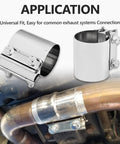 2.5 Inch Exhaust Clamp Set, Polished T304 Stainless Steel Butt Joint Seal Band Sleeve Coupler in use on exhaust pipe