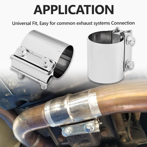 2.5 Inch Exhaust Clamp Set, Polished T304 Stainless Steel Butt Joint Seal Band Sleeve Coupler in use on exhaust pipe