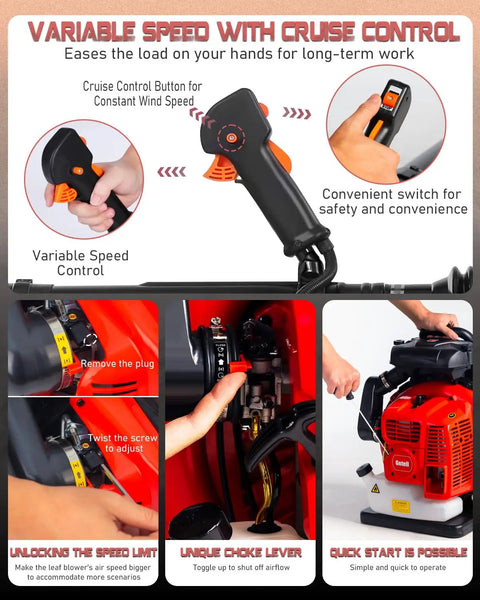 Professional Gas Powered Backpack Leaf Blower With 2 Stroke 63cc Engine Delivers 665 CFM Airflow, Comfort Design Harness controls